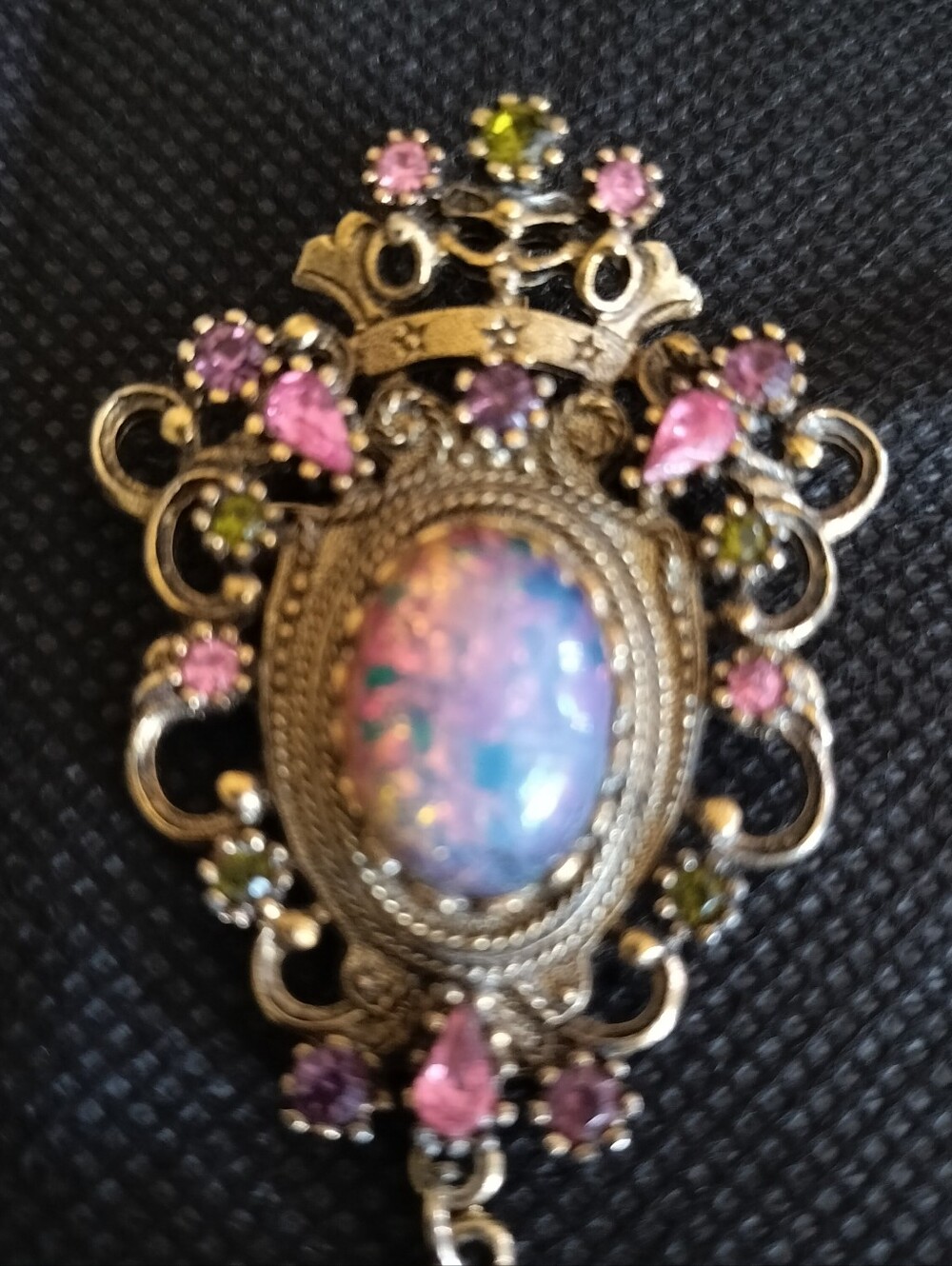 Vintage 1974 Sarah Coventry Contessa Crown Brooch Pendant Faux Fire Opal Signed - Picture 3 of 8